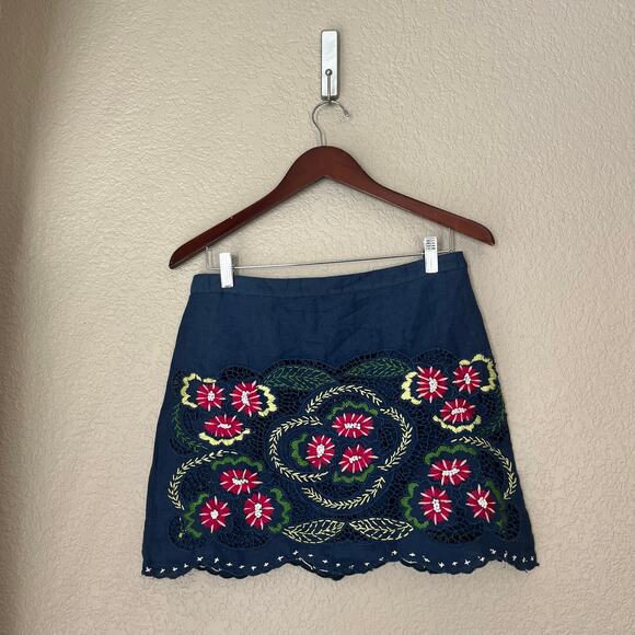 Anthropologie Embroidered Low Rise Mini Skirt 12 Blue Pink Floral Eyelet - Picture 2 of 6